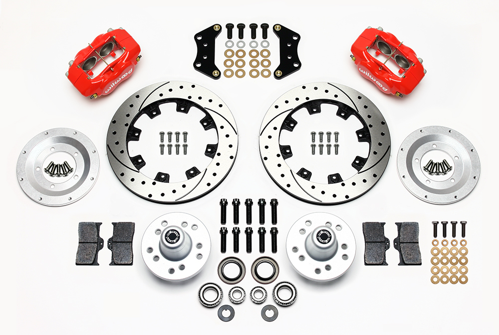 Wilwood Forged Dynalite Big Brake Front Brake Kit (Hub) Parts Laid Out - Red Powder Coat Caliper - SRP Drilled & Slotted Rotor