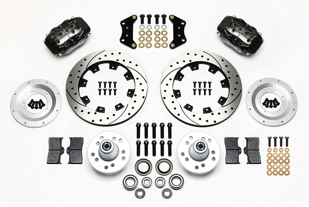 Wilwood Forged Dynalite Big Brake Front Brake Kit (Hub) Parts Laid Out - Black Powder Coat Caliper - SRP Drilled & Slotted Rotor