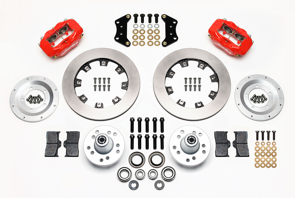 Wilwood Forged Dynalite Big Brake Front Brake Kit (Hub) Parts Laid Out - Red Powder Coat Caliper - Plain Face Rotor