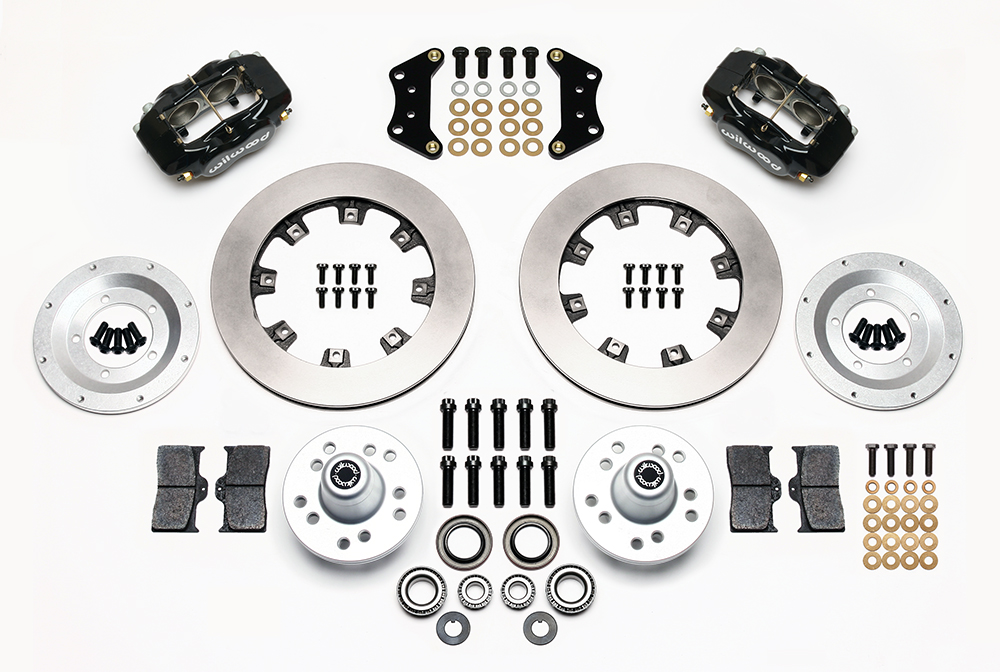 Wilwood Forged Dynalite Big Brake Front Brake Kit (Hub) Parts Laid Out - Black Powder Coat Caliper - Plain Face Rotor