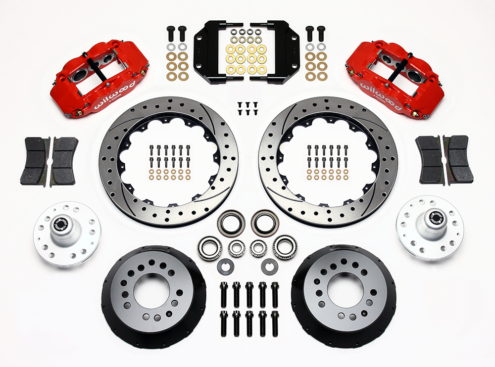 Wilwood Forged Narrow Superlite 6R Big Brake Front Brake Kit (Hub) Parts Laid Out - Red Powder Coat Caliper - SRP Drilled & Slotted Rotor