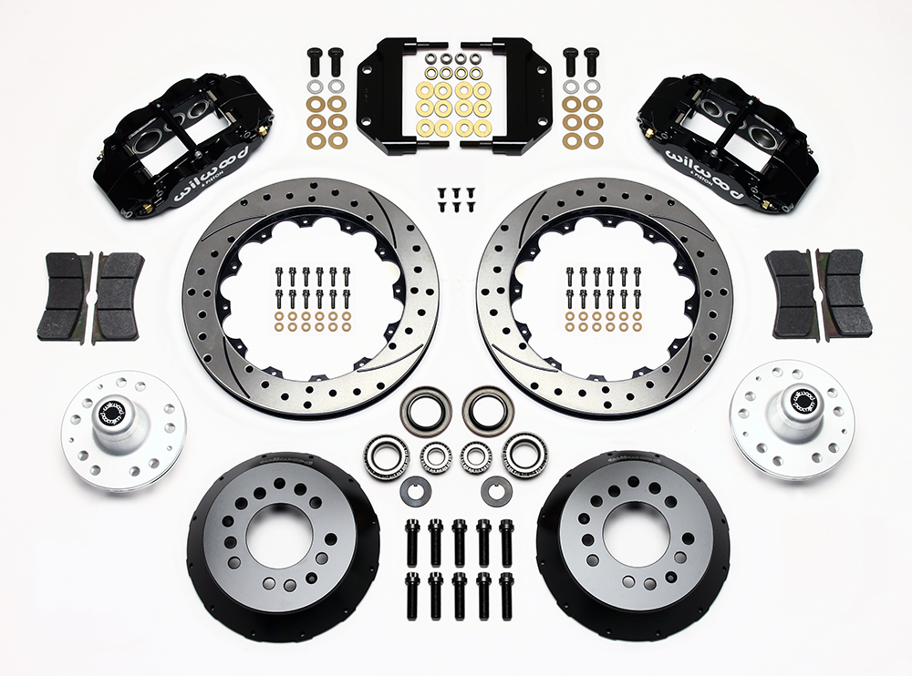 Wilwood Forged Narrow Superlite 6R Big Brake Front Brake Kit (Hub) Parts Laid Out - Black Powder Coat Caliper - SRP Drilled & Slotted Rotor