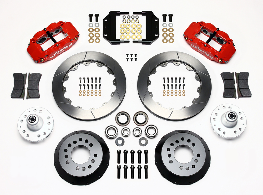 Wilwood Forged Narrow Superlite 6R Big Brake Front Brake Kit (Hub) Parts Laid Out - Red Powder Coat Caliper - GT Slotted Rotor
