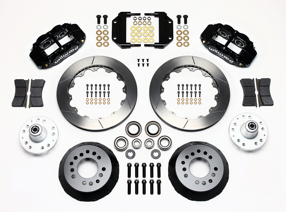 Wilwood Forged Narrow Superlite 6R Big Brake Front Brake Kit (Hub) Parts Laid Out - Black Powder Coat Caliper - GT Slotted Rotor