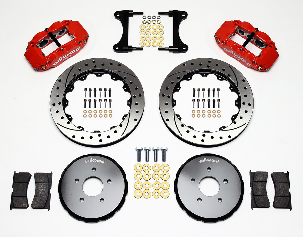 Wilwood Forged Narrow Superlite 6R Big Brake Front Brake Kit (Hat) Parts Laid Out - Red Powder Coat Caliper - SRP Drilled & Slotted Rotor