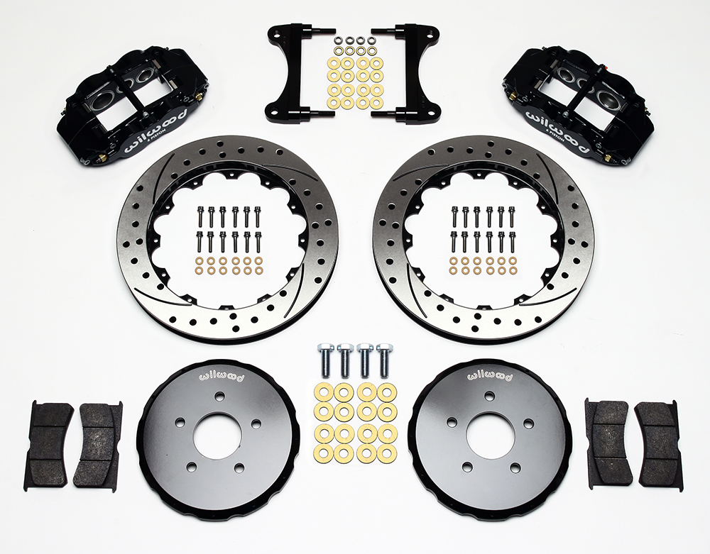 Wilwood Forged Narrow Superlite 6R Big Brake Front Brake Kit (Hat) Parts Laid Out - Black Powder Coat Caliper - SRP Drilled & Slotted Rotor