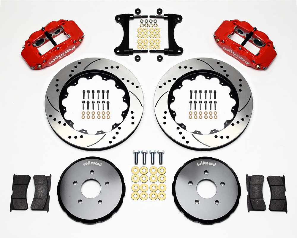 Wilwood Forged Narrow Superlite 6R Big Brake Front Brake Kit (Hat) Parts Laid Out - Red Powder Coat Caliper - SRP Drilled & Slotted Rotor