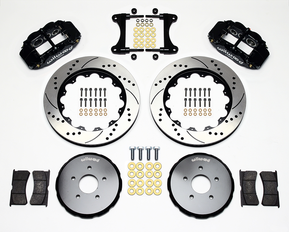 Wilwood Forged Narrow Superlite 6R Big Brake Front Brake Kit (Hat) Parts Laid Out - Black Powder Coat Caliper - SRP Drilled & Slotted Rotor