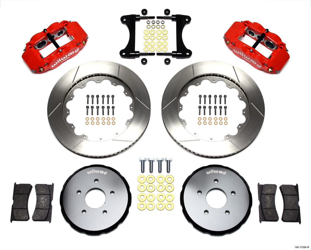 Wilwood Forged Narrow Superlite 6R Big Brake Front Brake Kit (Hat) Parts Laid Out - Red Powder Coat Caliper - GT Slotted Rotor