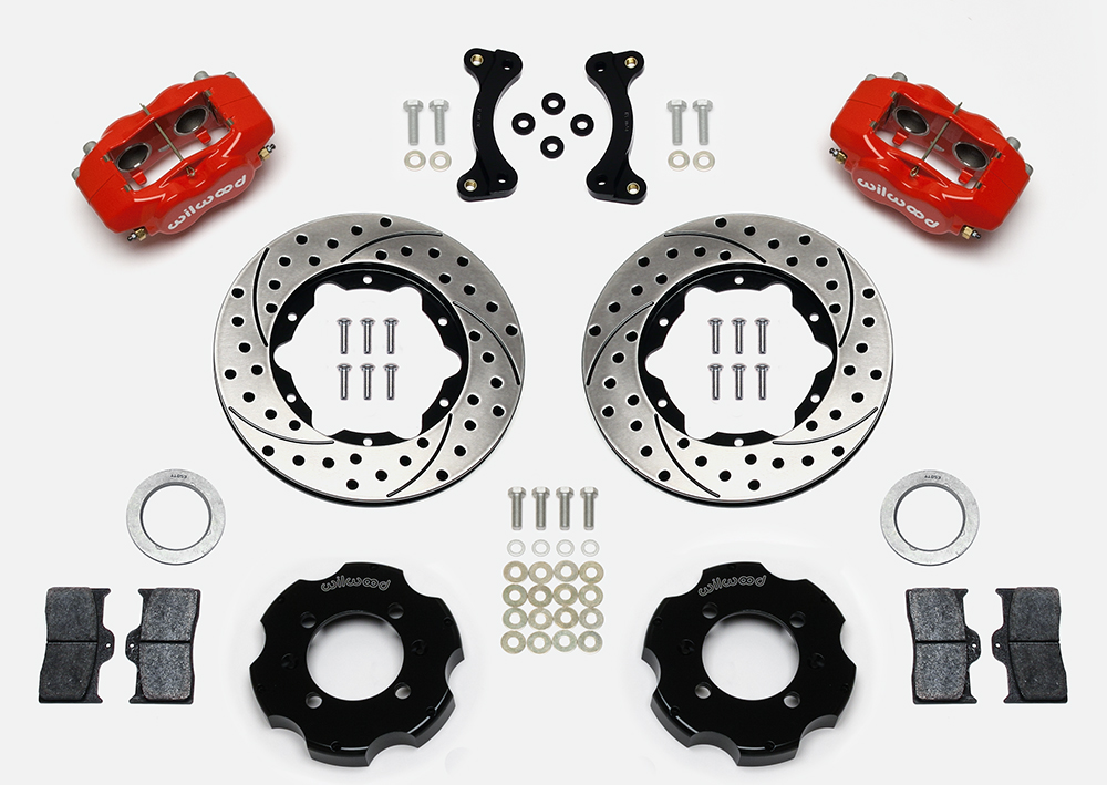 Wilwood Forged Dynalite Big Brake Front Brake Kit (Hat) Parts Laid Out - Red Powder Coat Caliper - SRP Drilled & Slotted Rotor