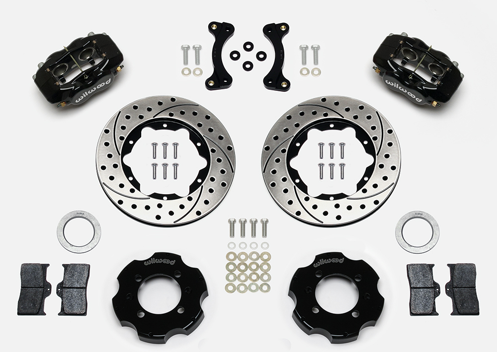 Wilwood Forged Dynalite Big Brake Front Brake Kit (Hat) Parts Laid Out - Black Powder Coat Caliper - SRP Drilled & Slotted Rotor