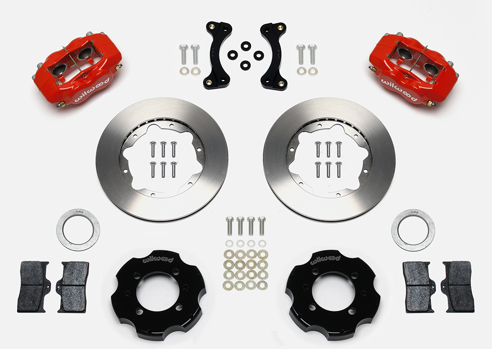 Wilwood Forged Dynalite Big Brake Front Brake Kit (Hat) Parts Laid Out - Red Powder Coat Caliper - Plain Face Rotor