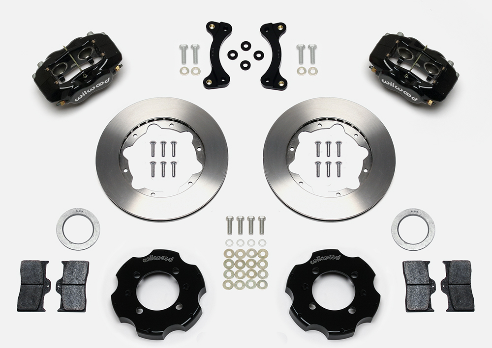 Wilwood Forged Dynalite Big Brake Front Brake Kit (Hat) Parts Laid Out - Black Powder Coat Caliper - Plain Face Rotor