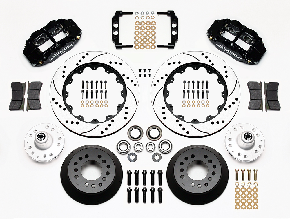 Wilwood Forged Narrow Superlite 6R Big Brake Front Brake Kit (Hub) Parts Laid Out - Red Powder Coat Caliper - GT Slotted Rotor