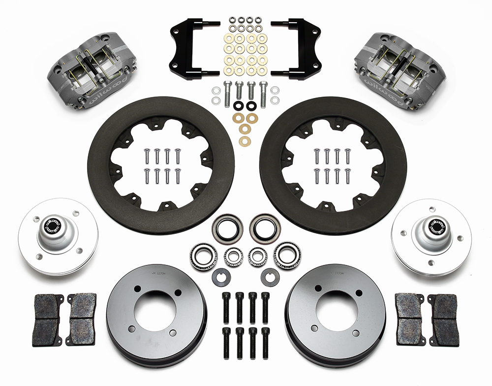 Wilwood Dynapro Radial Big Brake Front Brake Kit (Hub) Parts Laid Out - Type III Ano Caliper - Plain Face Rotor