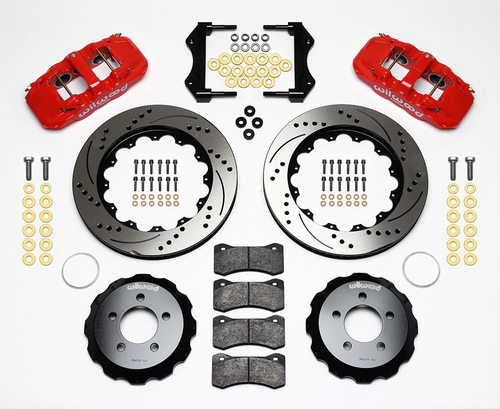 Wilwood AERO6 Big Brake Front Brake Kit Parts Laid Out - Red Powder Coat Caliper - SRP Drilled & Slotted Rotor