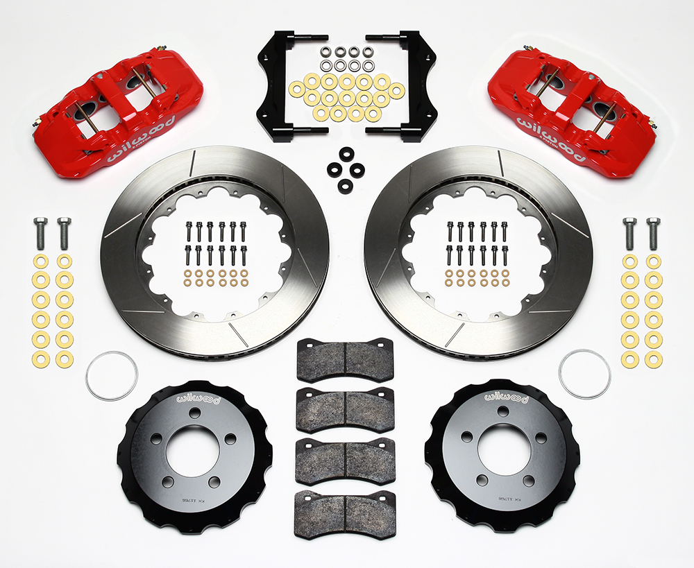 Wilwood AERO6 Big Brake Front Brake Kit Parts Laid Out - Red Powder Coat Caliper - GT Slotted Rotor