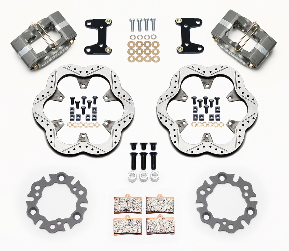 Wilwood GP320 Midget Front Brake Kit Parts Laid Out - Type III Anodize Caliper - Drilled Rotor