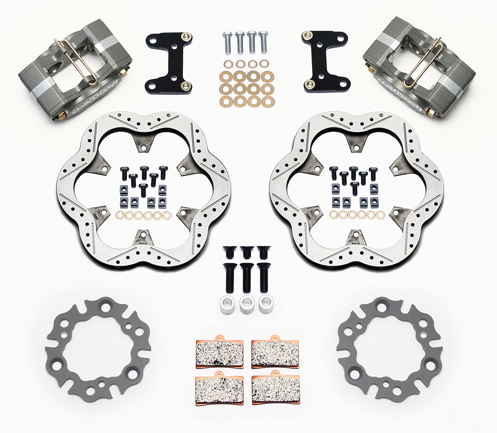 Wilwood GP320 Midget Front Brake Kit Parts Laid Out - Type III Ano Caliper - Drilled Rotor