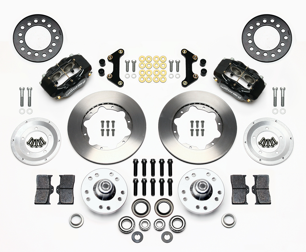 Wilwood Forged Dynalite Pro Series Front Brake Kit Parts Laid Out - Black Powder Coat Caliper - Plain Face Rotor