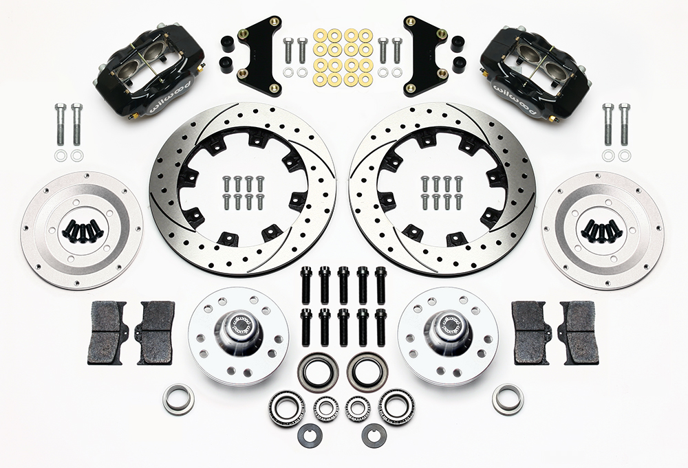 Wilwood Forged Dynalite Big Brake Front Brake Kit (Hub) Parts Laid Out - Black Powder Coat Caliper - SRP Drilled & Slotted Rotor