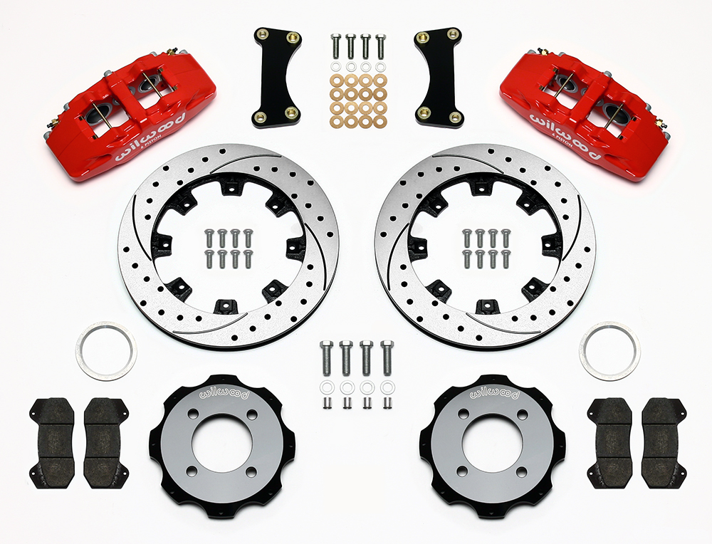 Wilwood Forged Dynapro 6 Big Brake Front Brake Kit (Hat) Parts Laid Out - Red Powder Coat Caliper - SRP Drilled & Slotted Rotor