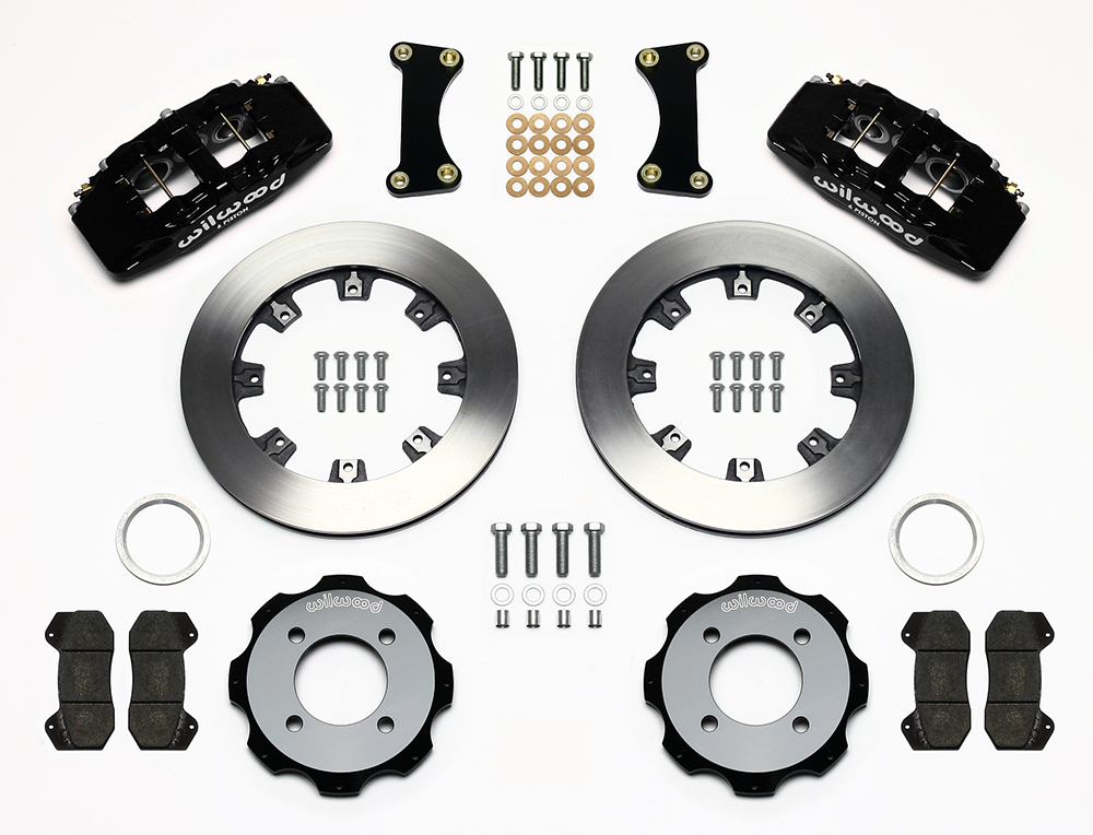 Wilwood Forged Dynapro 6 Big Brake Front Brake Kit (Hat) Parts Laid Out - Black Powder Coat Caliper - Plain Face Rotor