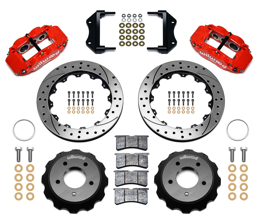 Wilwood Forged Narrow Superlite 6R Big Brake Front Brake Kit (Hat) Parts Laid Out - Red Powder Coat Caliper - SRP Drilled & Slotted Rotor