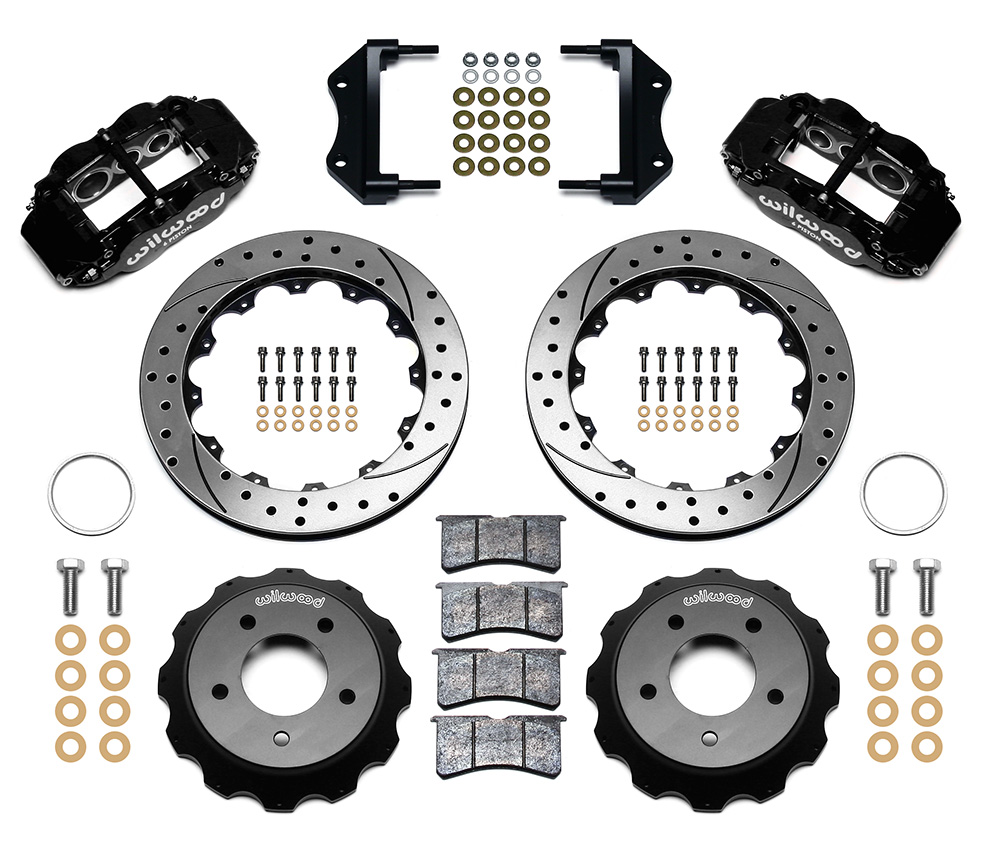 Wilwood Forged Narrow Superlite 6R Big Brake Front Brake Kit (Hat) Parts Laid Out - Black Powder Coat Caliper - SRP Drilled & Slotted Rotor