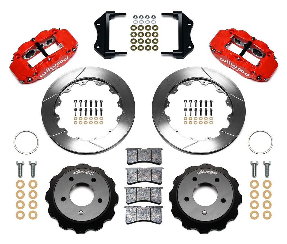 Wilwood Forged Narrow Superlite 6R Big Brake Front Brake Kit (Hat) Parts Laid Out - Red Powder Coat Caliper - GT Slotted Rotor