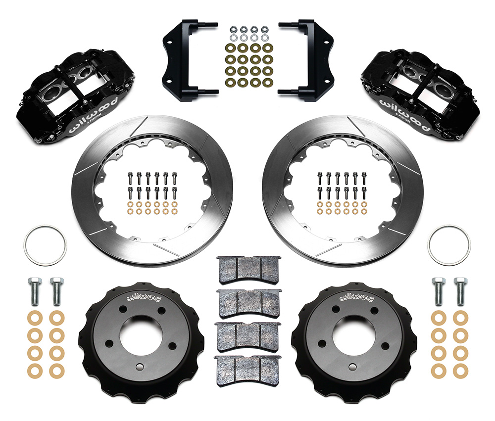 Wilwood Forged Narrow Superlite 6R Big Brake Front Brake Kit (Hat) Parts Laid Out - Black Powder Coat Caliper - GT Slotted Rotor