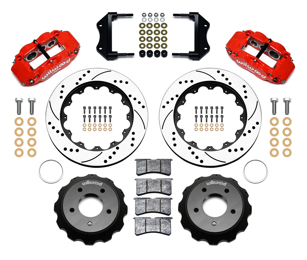 Wilwood Forged Narrow Superlite 6R Big Brake Front Brake Kit (Hat) Parts Laid Out - Red Powder Coat Caliper - SRP Drilled & Slotted Rotor