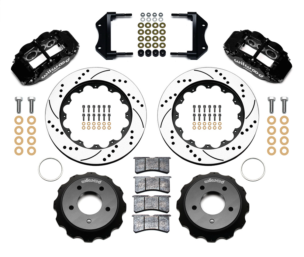 Wilwood Forged Narrow Superlite 6R Big Brake Front Brake Kit (Hat) Parts Laid Out - Black Powder Coat Caliper - SRP Drilled & Slotted Rotor