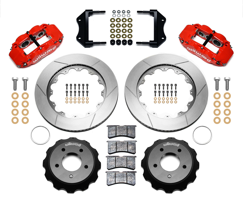 Wilwood Forged Narrow Superlite 6R Big Brake Front Brake Kit (Hat) Parts Laid Out - Red Powder Coat Caliper - GT Slotted Rotor