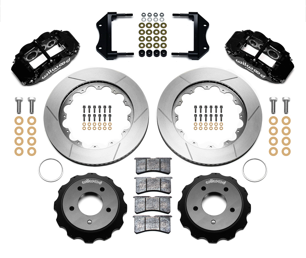 Wilwood Forged Narrow Superlite 6R Big Brake Front Brake Kit (Hat) Parts Laid Out - Black Powder Coat Caliper - GT Slotted Rotor