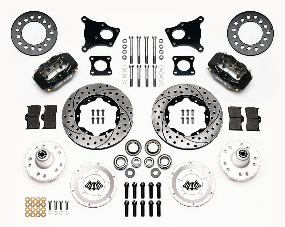 Wilwood Forged Dynalite Pro Series Front Brake Kit Parts Laid Out - Black Powder Coat Caliper - SRP Drilled & Slotted Rotor