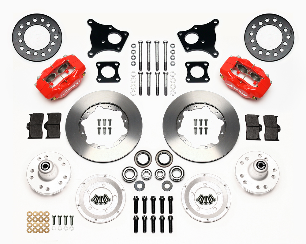 Wilwood Forged Dynalite Pro Series Front Brake Kit Parts Laid Out - Red Powder Coat Caliper - Plain Face Rotor