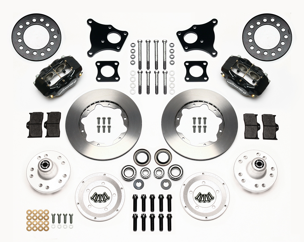 Wilwood Forged Dynalite Pro Series Front Brake Kit Parts Laid Out - Black Powder Coat Caliper - Plain Face Rotor