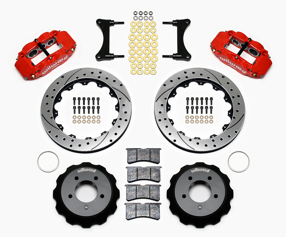 Wilwood Forged Narrow Superlite 6R Big Brake Front Brake Kit (Hat) Parts Laid Out - Red Powder Coat Caliper - SRP Drilled & Slotted Rotor