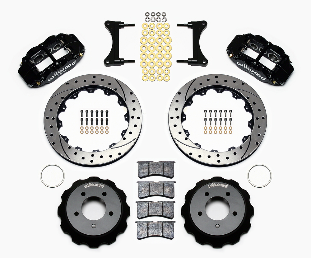 Wilwood Forged Narrow Superlite 6R Big Brake Front Brake Kit (Hat) Parts Laid Out - Black Powder Coat Caliper - SRP Drilled & Slotted Rotor