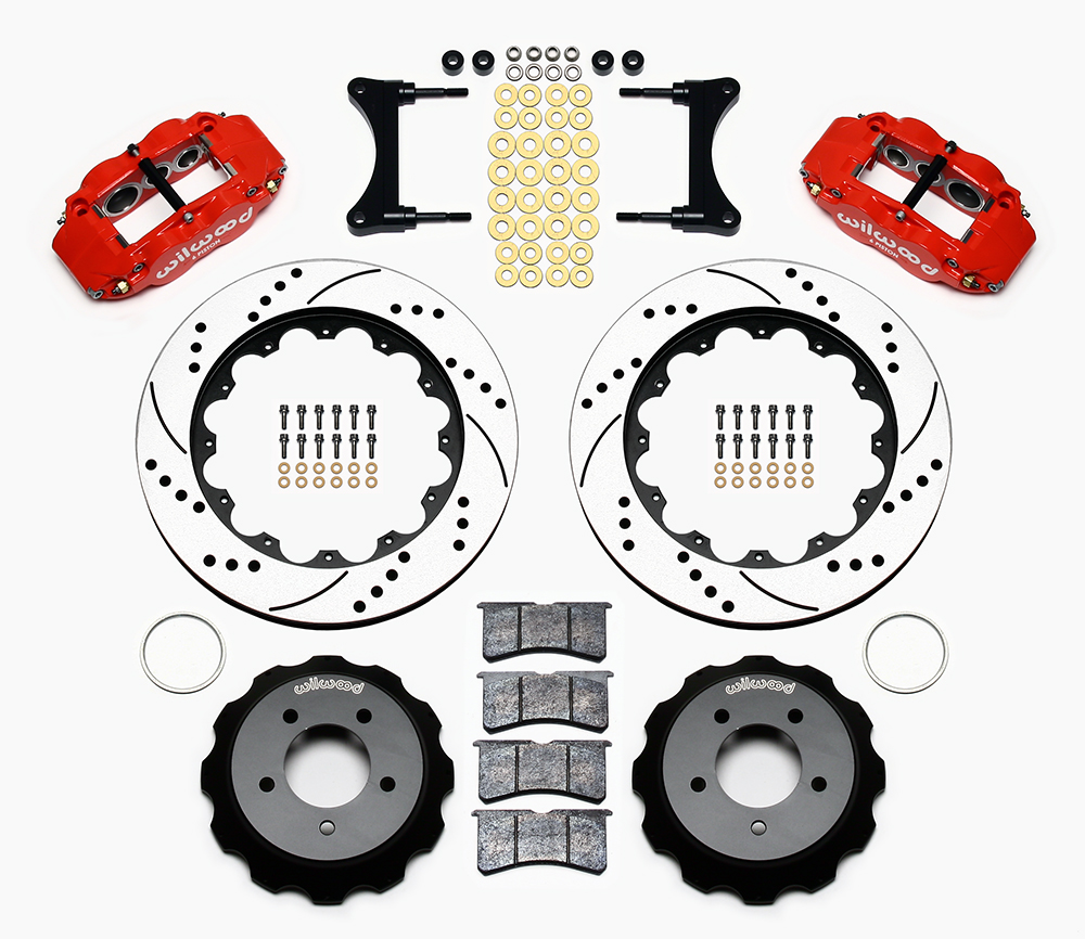 Wilwood Forged Narrow Superlite 6R Big Brake Front Brake Kit (Hat) Parts Laid Out - Red Powder Coat Caliper - SRP Drilled & Slotted Rotor