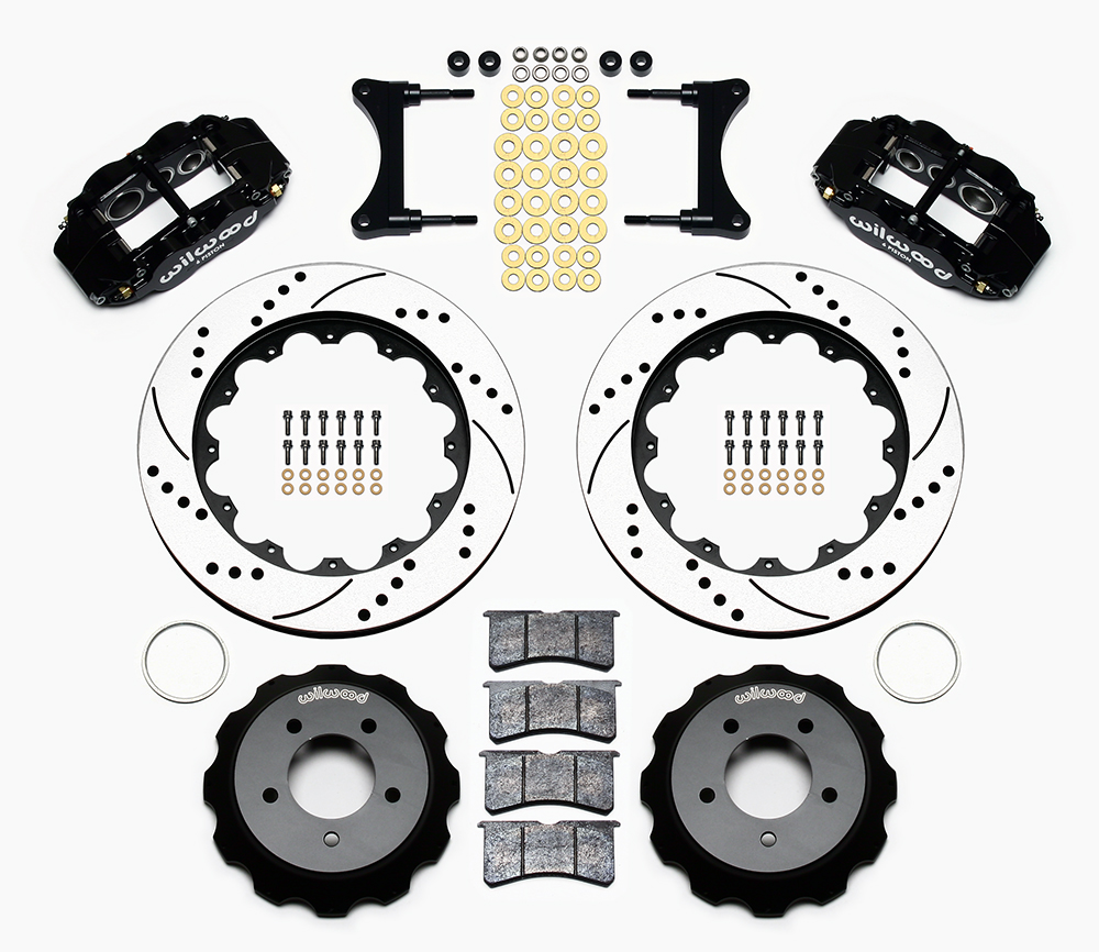 Wilwood Forged Narrow Superlite 6R Big Brake Front Brake Kit (Hat) Parts Laid Out - Black Powder Coat Caliper - SRP Drilled & Slotted Rotor