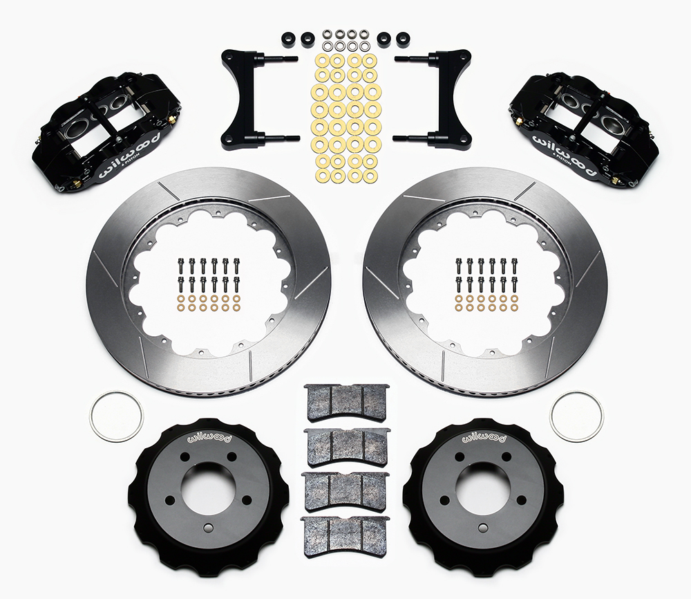 Wilwood Forged Narrow Superlite 6R Big Brake Front Brake Kit (Hat) Parts Laid Out - Black Powder Coat Caliper - GT Slotted Rotor