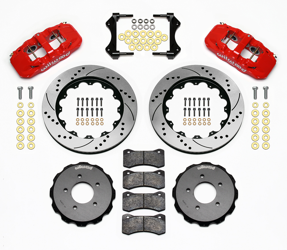 Wilwood AERO6 Big Brake Front Brake Kit Parts Laid Out - Red Powder Coat Caliper - SRP Drilled & Slotted Rotor