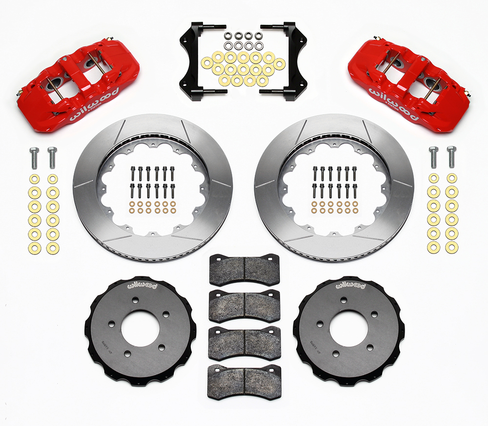 Wilwood AERO6 Big Brake Front Brake Kit Parts Laid Out - Red Powder Coat Caliper - GT Slotted Rotor