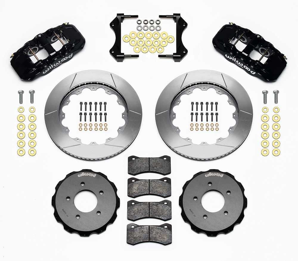 Wilwood AERO6 Big Brake Front Brake Kit Parts Laid Out - Black Powder Coat Caliper - GT Slotted Rotor