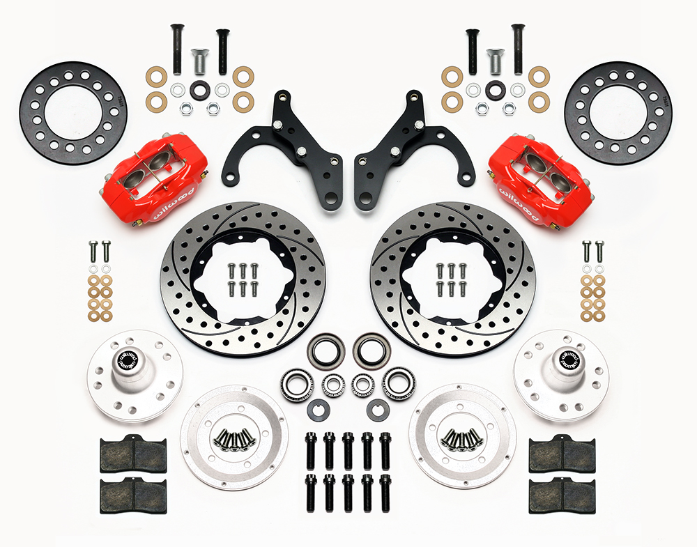 Wilwood Forged Dynalite Pro Series Front Brake Kit Parts Laid Out - Red Powder Coat Caliper - SRP Drilled & Slotted Rotor