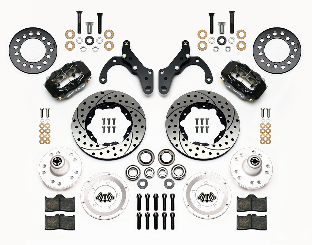 Wilwood Forged Dynalite Pro Series Front Brake Kit Parts Laid Out - Black Powder Coat Caliper - SRP Drilled & Slotted Rotor