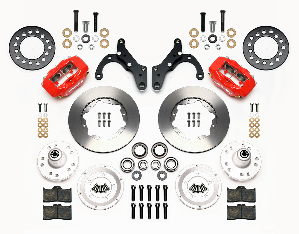 Wilwood Forged Dynalite Pro Series Front Brake Kit Parts Laid Out - Red Powder Coat Caliper - Plain Face Rotor