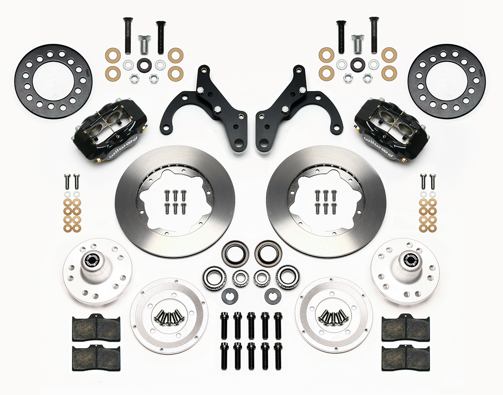 Wilwood Forged Dynalite Pro Series Front Brake Kit Parts Laid Out - Black Powder Coat Caliper - Plain Face Rotor